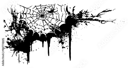 Spooky spider web in the corner with grunge ink drips and splatters illustration