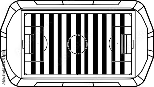 Football pitch. Soccer field line style. Black outline court and stadium scheme on white background.
