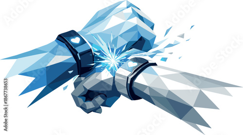 Digital Intimacy Ritual. Low-poly vector illustration focused on a digital intimacy ritual where smart bracelets exchange a kiss