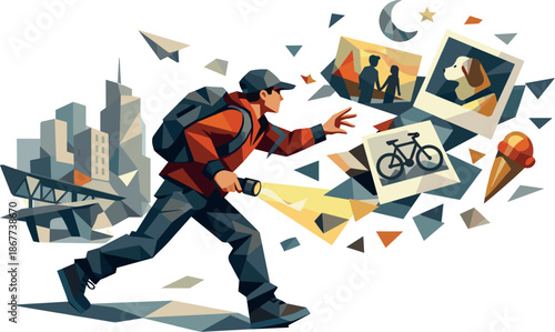 Geometric City Quest. Low-poly vector illustration focused on a city-wide quest where clues appear as fragments of personal