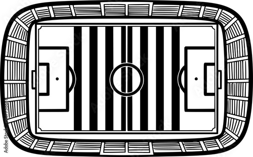 Football pitch. Soccer field line style. Black outline court and stadium scheme on white background.
