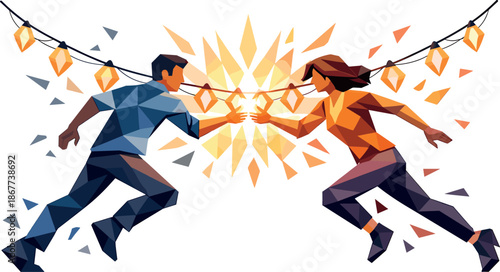 Bright Encounter Garland. Low-poly vector illustration focused on a conceptual garland that shines brighter as two people approach