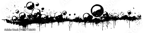 Abstract black ink splatter with sphere bubbles as horizontal grunge decorative element