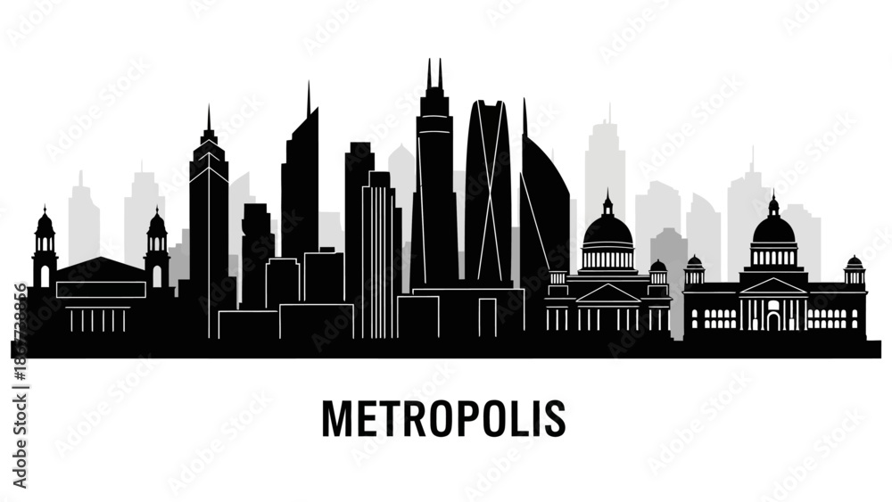 Naklejka premium Cityscape illustration of modern metropolis skyline with prominent buildings and architecture