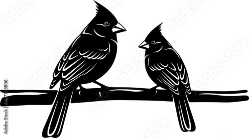 Two Cardinals Perched Black Vector Illustration
