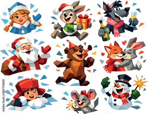 Retro Cartoons Vector Art. Low-poly vector illustration focused on a festive messenger sticker pack featuring retro-style animated