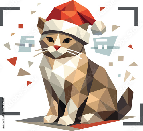 Augmented Reality Cat. Low-poly vector illustration focused on an augmented reality holiday feature that adds a virtual Santa hat