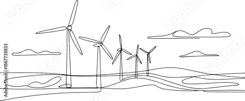 Wind energy in continuous line art drawing style. Landscape with wind turbines producing electricity, one line Art icon drawing
