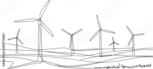Wind energy in continuous line art drawing style. Landscape with wind turbines producing electricity, one line Art icon drawing