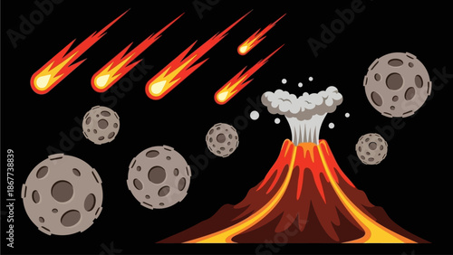 Volcanic Eruption with Meteorites and Celestial Bodies in Space
