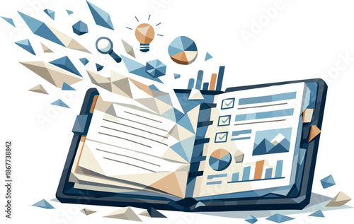 Digital Journal Geometry. Low-poly vector illustration focused on a personal digital journal, polygonal geometric style with sharp