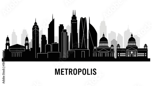 Cityscape illustration of modern metropolis skyline with prominent buildings and architecture
