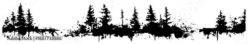 Panoramic forest silhouette with pine trees and abstract black ink splatter grunge base