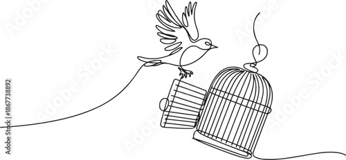 Bird released from birdcage in continuous line art drawing style. Bird flying away from open cage. one line Art icon drawing