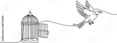 Bird released from birdcage in continuous line art drawing style. Bird flying away from open cage. one line Art icon drawing