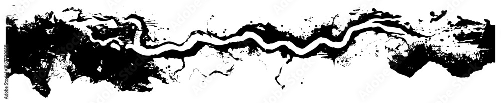 Fototapeta premium Abstract horizontal border with winding river path and black ink splatters