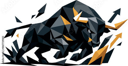 Bullish Market Bull. Low-poly vector illustration focused on a bullish stock market bull, polygonal geometric style with sharp