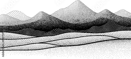 Noise grain halftone hills and mountains landscape vector background. Black noise gradient dots mountain range with sand texture and stipple pattern. Abstract grain hills terrain and waves dotwork