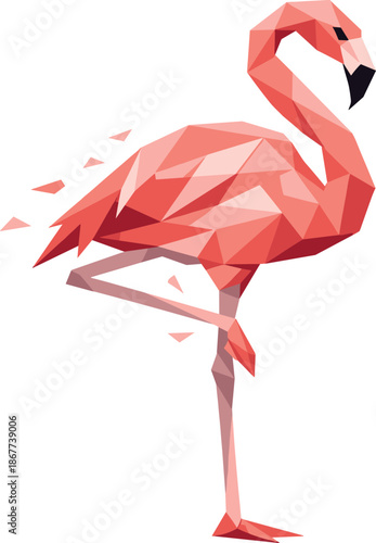 Polygonal Flamingo Elegance. Low-poly vector illustration focused on a flamingo, polygonal geometric style with sharp triangular