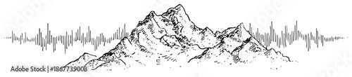 Mountain range silhouette with a heartbeat pulse line in hand drawn sketch style
