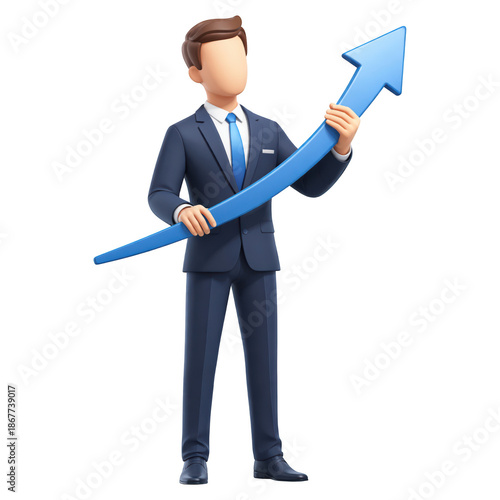 A 3D animated businessman in a dark blue suit and tie holds a growing blue arrow indicating upward progress and success isolated on transparent background transparent background