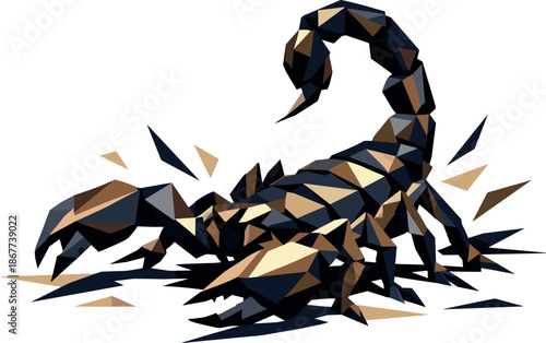 Geometric Scorpion Silhouette. Low-poly vector illustration focused on a scorpion in an alert stance, polygonal geometric style