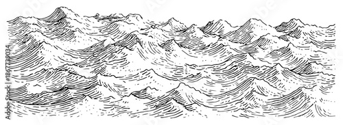 Vintage engraved style illustration of rough sea waves and ocean landscape