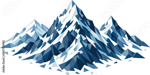 Geometric Mountain Majesty. Low-poly vector illustration focused on snow-covered mountain peaks, polygonal geometric style with