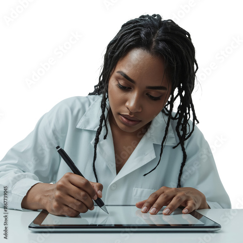 Young Woman Using a Tablet to Draw in a Bright Workspace During the Day