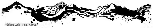 Abstract mountain range silhouette border with flowing ink textures and splatters