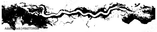 Abstract horizontal border with winding river path and black ink splatters