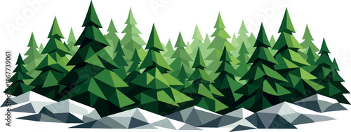 Geometric Forest Tranquility. Low-poly vector illustration focused on a dense evergreen forest landscape, polygonal geometric