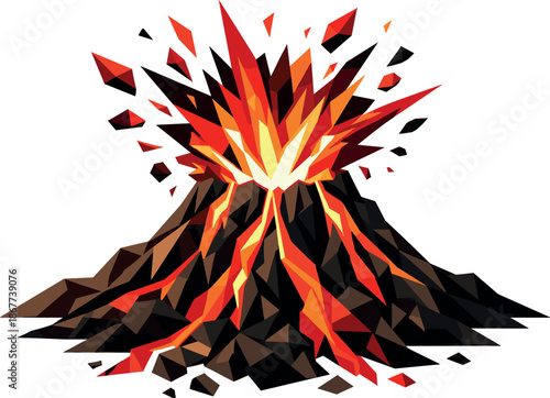 Polygonal Volcanic Eruption. Low-poly vector illustration focused on a volcanic eruption in a minimalist geometric interpretation,