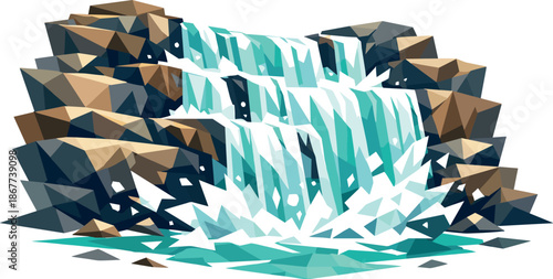 Geometric Waterfall Illustration. Low-poly vector illustration focused on a wide cascading waterfall with rocky ledges, polygonal