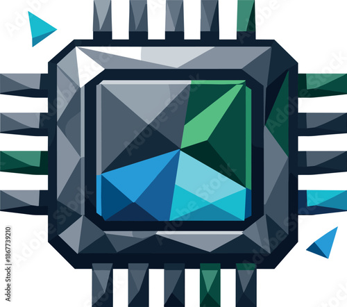 Geometric Microchip Design. Low-poly vector illustration focused on an iconic microchip symbol representing computing power and