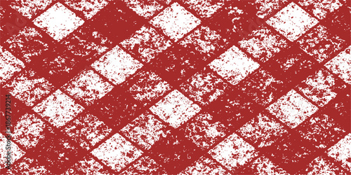 Seamless red knitted fabric texture featuring a vintage Christmas ornament pattern and checkered floral design for a festive winter holiday textile backdrop