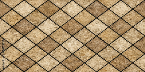 An old wooden fence stands against a textured wall of rusty metal and grey stone bricks, creating an abstract construction pattern of rough concrete and weathered paving tiles on the sidewalk surface