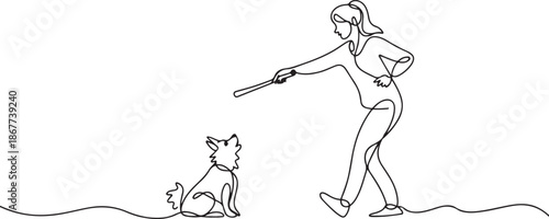Woman training dog with stick in continuous line art drawing style. Owner playing with her cute dog on a walk. one line Art icon drawing