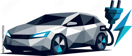 Geometric Electric Car Illustration. Low-poly vector illustration focused on an iconic electric car symbol representing clean