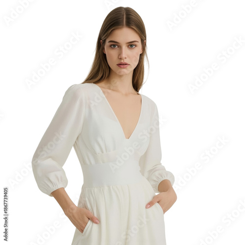 Model Poses in White Dress With Long Sleeves in a Simple Setting