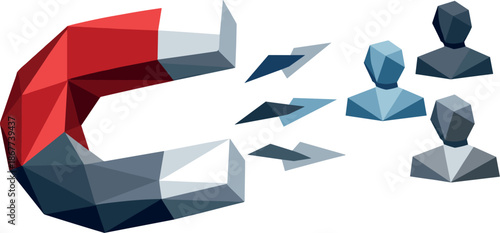 Minimalist Magnet Design. Low-poly vector illustration focused on a minimalist magnet icon representing customer attraction,