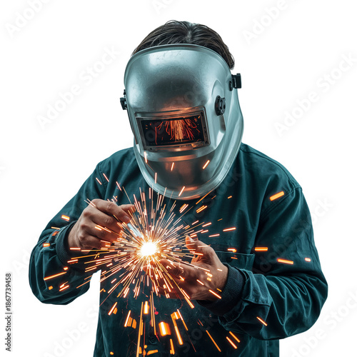 Welder Working on Metal, Sparks Flying in Workshop During Daytime