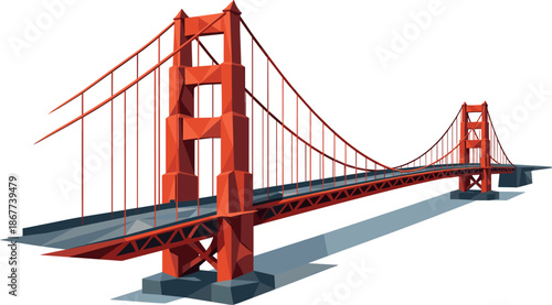 Geometric Golden Gate. Low-poly vector illustration focused on the Golden Gate Bridge viewed from a three-quarter perspective,