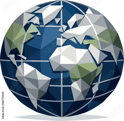 Minimalist Geometric Globe. Low-poly vector illustration focused on a minimalist globe icon, polygonal geometric style with sharp