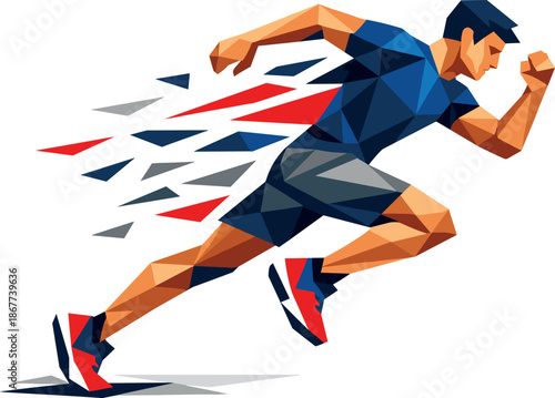 Dynamic Polygonal Runner. Low-poly vector illustration focused on a running human figure, polygonal geometric style with sharp