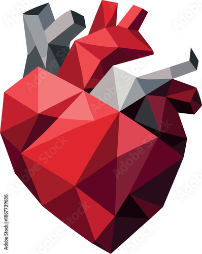 Geometric Heart Artistry. Low-poly vector illustration focused on a minimalist anatomical heart icon, polygonal geometric style