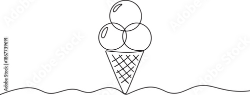 Ice cream balls in waffle cone in continuous line art drawing style. one line Art icon drawing