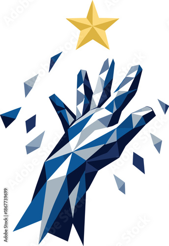 Reach for Dreams. Low-poly vector illustration of an outstretched hand extending toward a star representing dreams and achievement