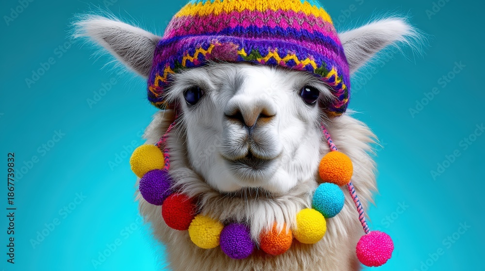 Obraz premium Adorable White Llama Wearing Colorful Knitted Chullo Hat and Pom-poms