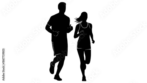 Running man and woman, isolated vector silhouettes. Run, side view. Silhouettes of athletic looking male and female runners running. Transparent background SVG version.